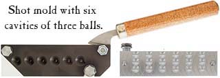 Lee Buckshot Mold, .360" diameter No. 000 buckshot,
18 cavity, six (6) stacks of three (3) balls, with cam-action sprue plate,
requires #LEE-HANDLE